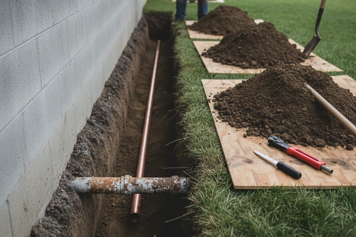 Excavated water line trench during Water Softener Installation in Conception